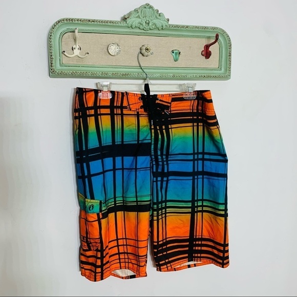 Hang ten swim trunk plaid ocean sunrise board swimsuit 34 unlined - Picture 1 of 6